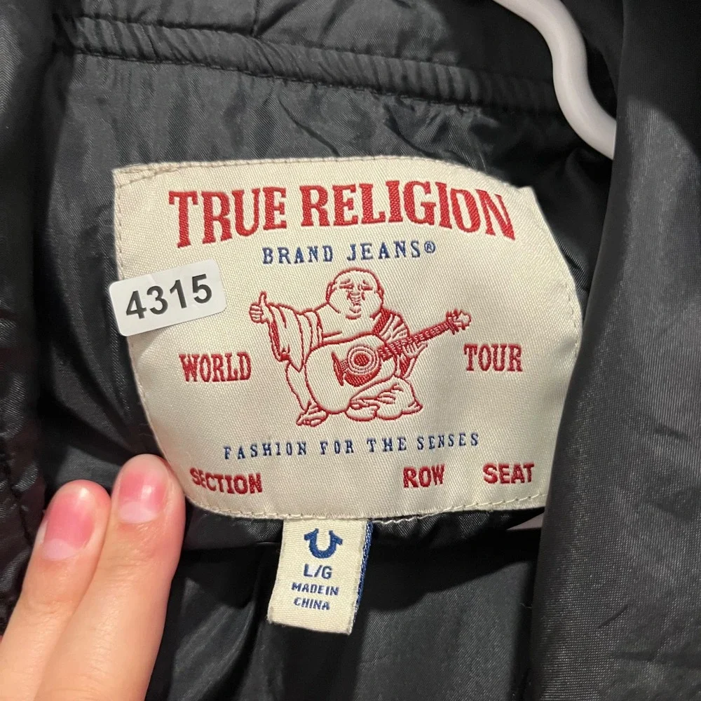 True Religion Mens Hooded Varsity Letterman Jacket Black Cream Chenille Patch L
